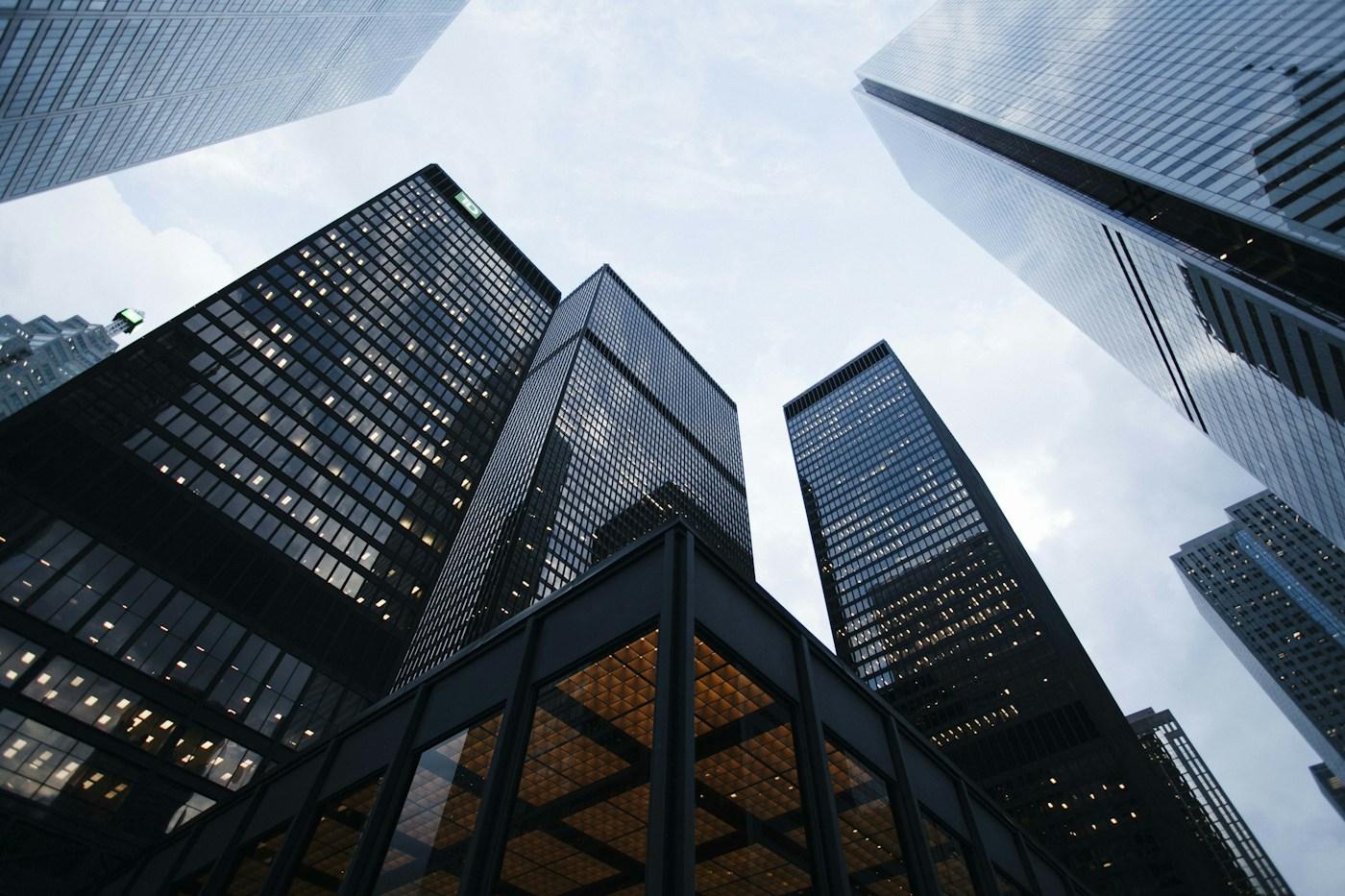 Modern buildings photographed from street level