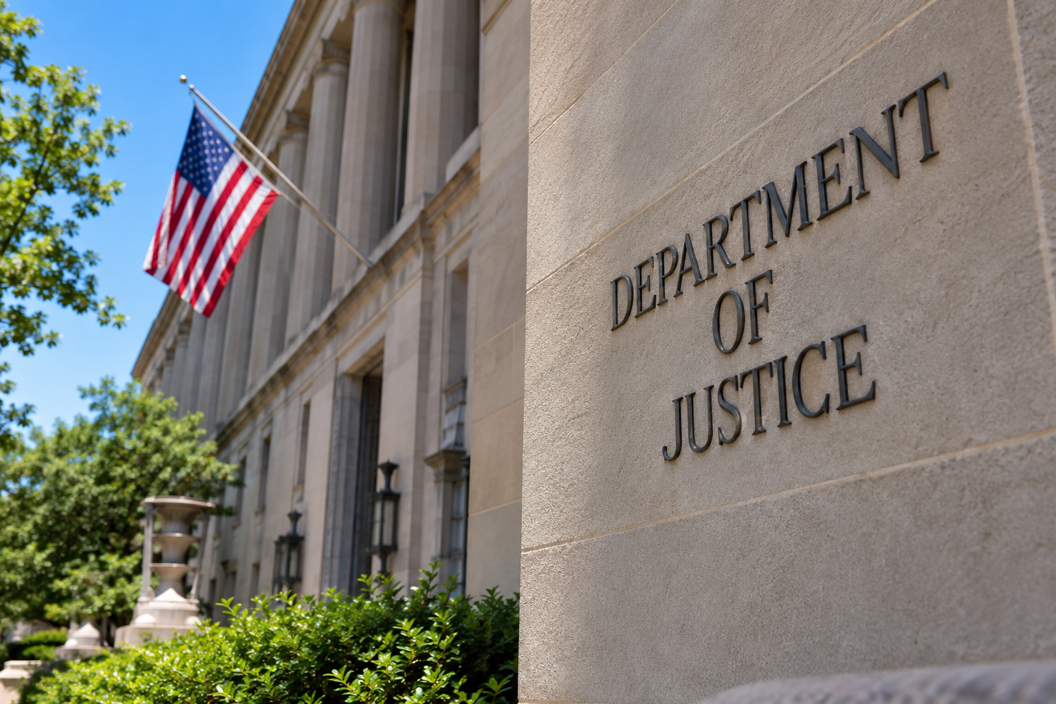 U.S. Department of Justice building in Washington, D.C., representing the federal legal dispute over DEA scheduling of mitragynine pseudoindoxyl (MGPI) in kratom products.